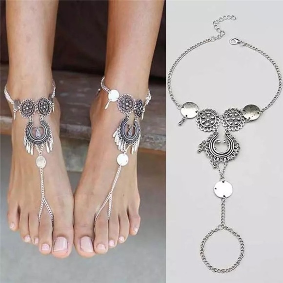 Boho foot chain sandal antique silver finish 2 pieces - Picture 2 of 6